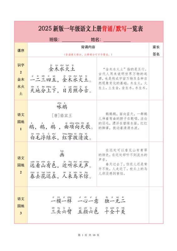 一上语文【25秋-必背内容+默写表】-咖脉互联