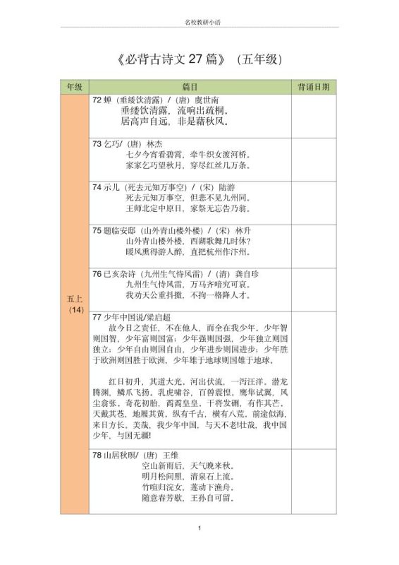 五年级古诗文背诵记录表-五上语文-咖脉互联