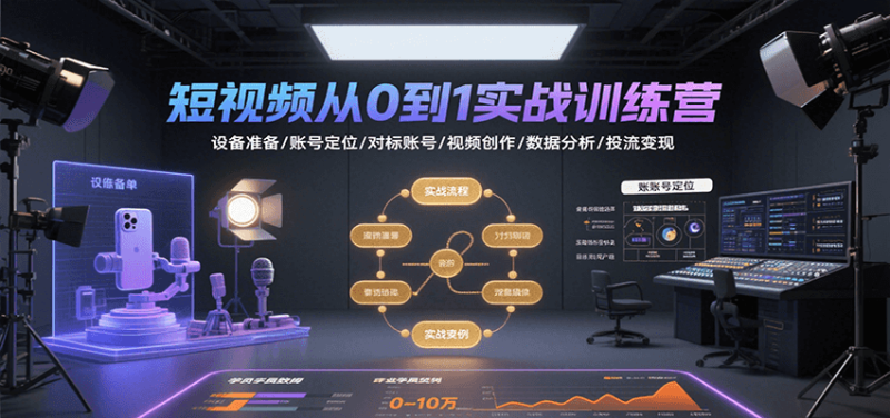 短视频从0到1实战训练营:设备准备/账号定位/对标账号/视频创作/数据分析/投流变现-咖脉互联