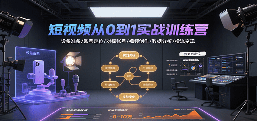 短视频从0到1实战训练营：设备准备/账号定位/对标账号/视频创作/数据分析/投流变现-咖脉互联