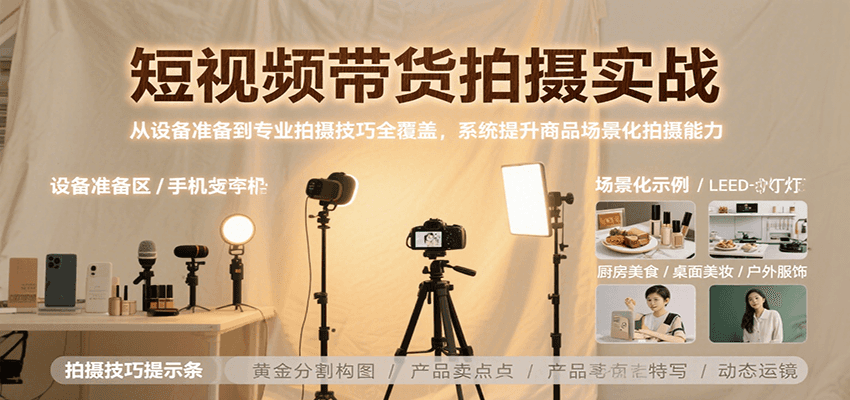 短视频带货拍摄实战，从设备准备到专业拍摄技巧全覆盖，系统提升商品场景化拍摄能力-咖脉互联