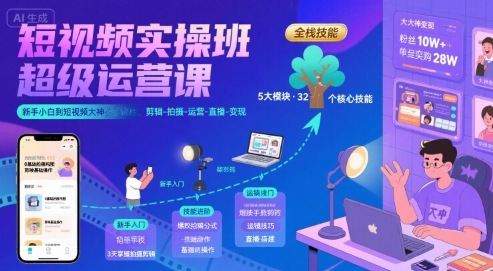 短视频实操班超级运营课，新手小白到短视频大神必修课程，剪辑-拍摄-运营-直播-变现-咖脉互联
