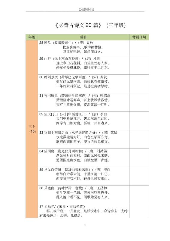 三年级古诗文背诵记录表-三上语文-咖脉互联