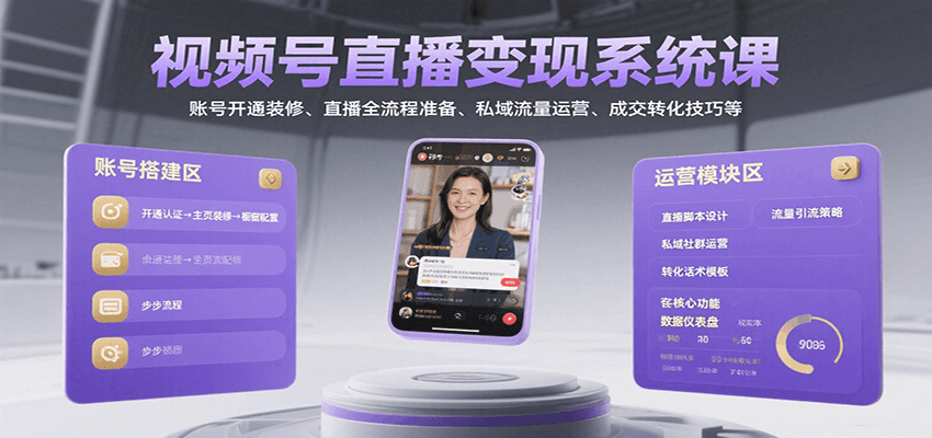 视频号直播变现系统课，账号开通装修、直播全流程准备、私域流量运营、成交转化技巧等-咖脉互联