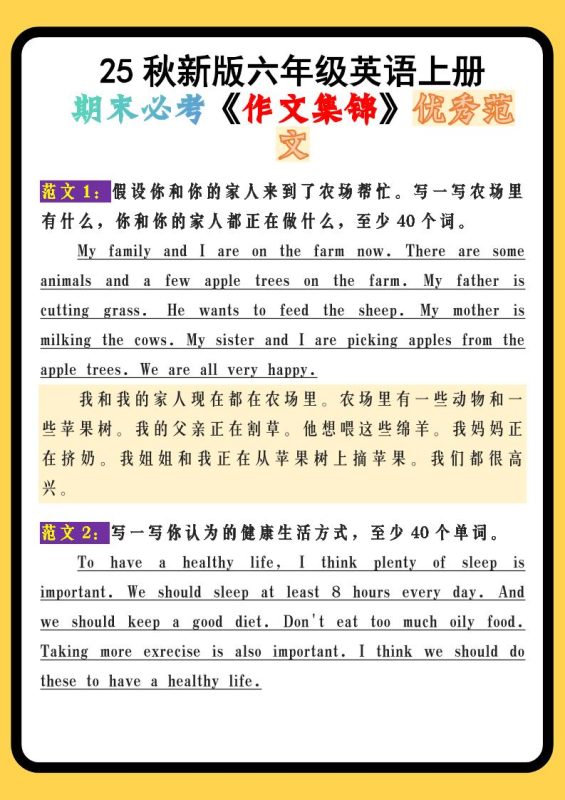 【2025秋新版】六年级英语上册期末必考《作文集锦》优秀范文-咖脉互联