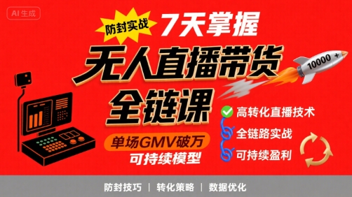 无人直播带货全链防封实战课，7天掌握高转化直播技术，实现单场GMV破万可持续模型-咖脉互联