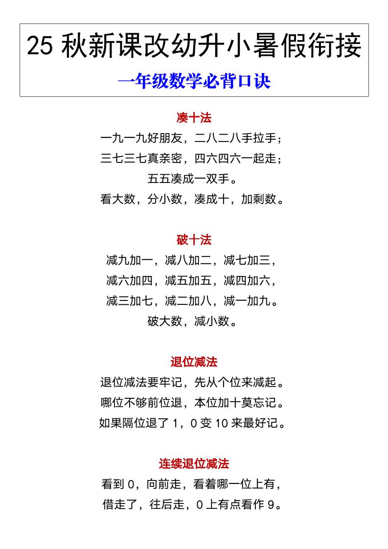 【2025秋新版】幼升小暑假衔接一年级数学必背口诀-一上数学-咖脉互联