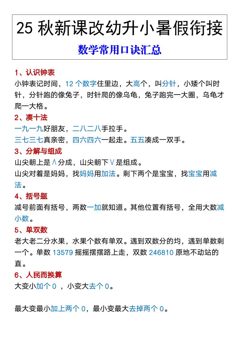 【2025秋新版】幼升小暑假衔接数学常用口诀汇总-一上数学-咖脉互联