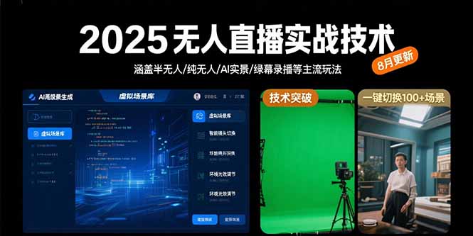2025无人直播实战技术-8月，涵盖半无人/纯无人/AI实景/绿幕录播等主流玩法-咖脉互联