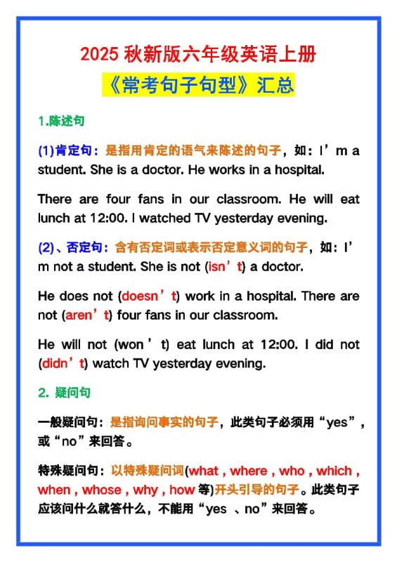 【2025秋新版】六年级英语上册《常考句子句型》汇总,学习巩固必备!-咖脉互联