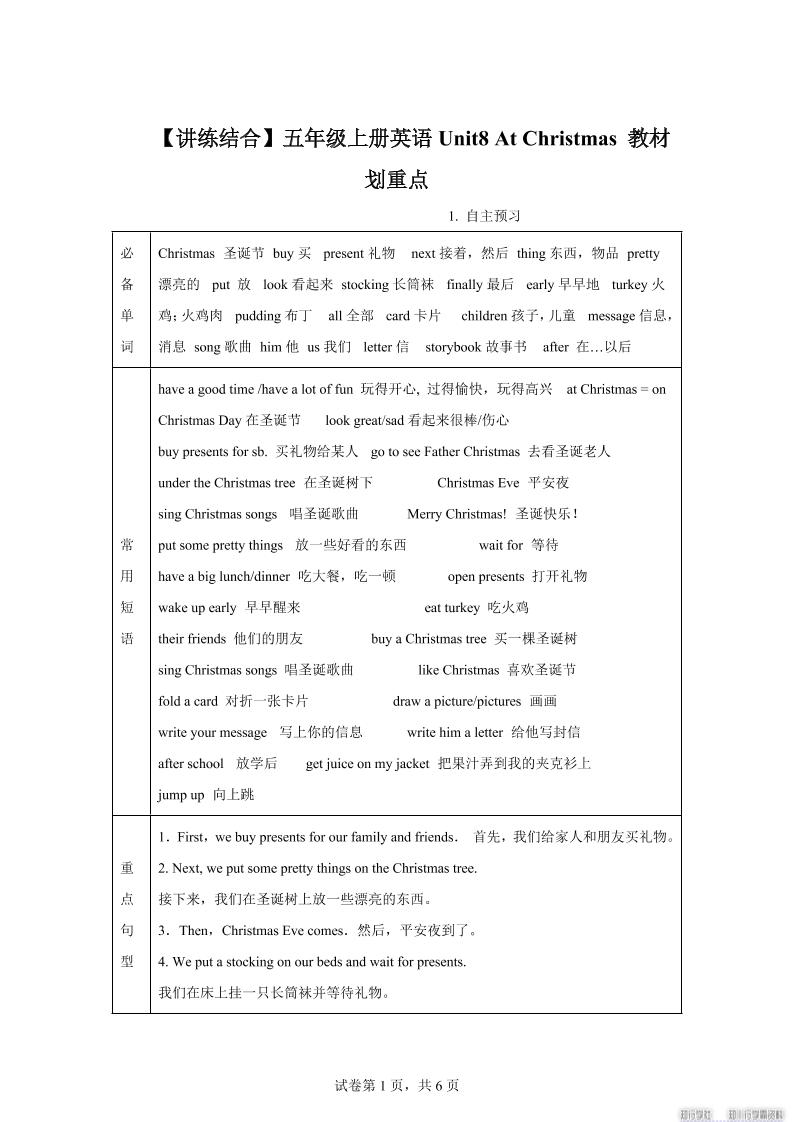【单元热点难点】译林版（三起）英语五年级上册Unit8AtChristmas教材划重点-咖脉互联