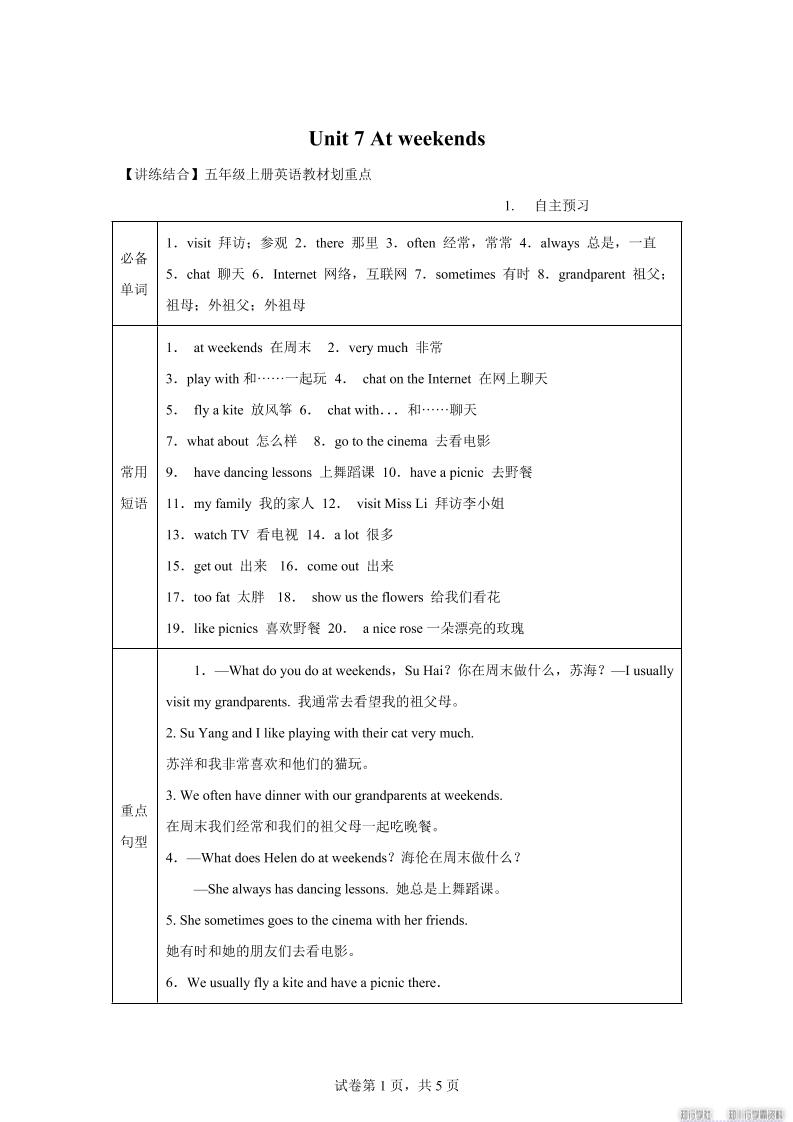 【单元热点难点】译林版（三起）英语五年级上册Unit7Atweekends教材划重点-咖脉互联