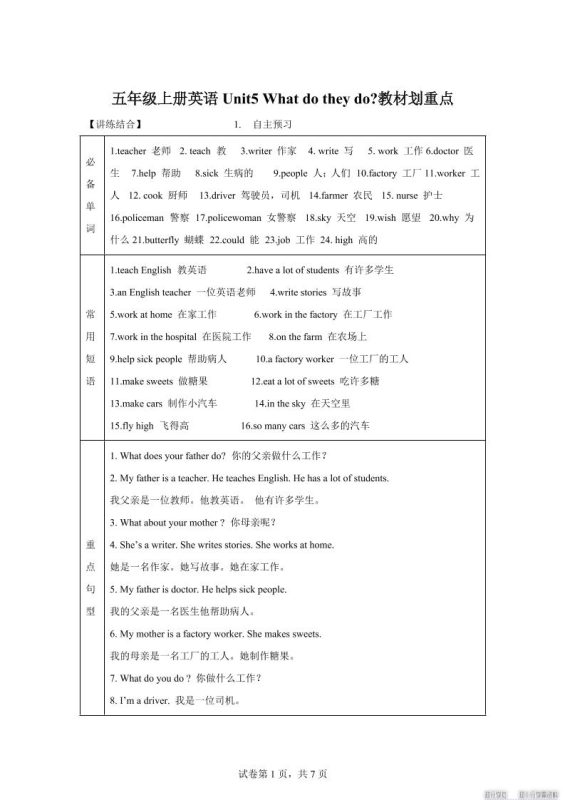 【单元热点难点】译林版(三起)英语五年级上册Unit5Whatdotheydo教材划重点-咖脉互联