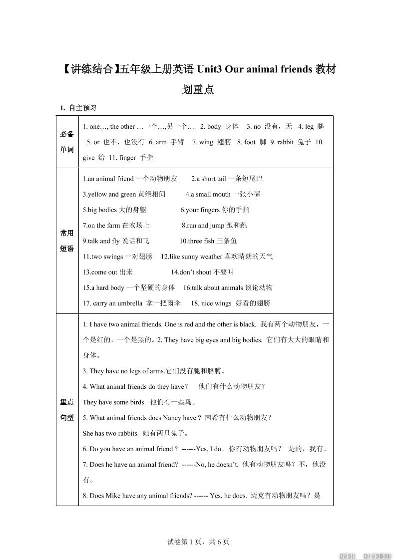 【单元热点难点】译林版（三起）英语五年级上册Unit3Ouranimalfriends教材划重点-咖脉互联