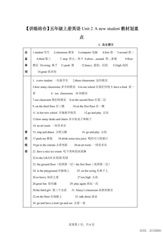 【单元热点难点】译林版(三起)英语五年级上册Unit2Anewstudent教材划重点-咖脉互联