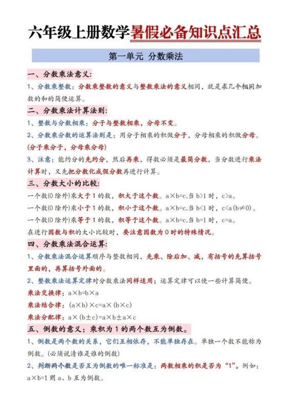 六年级上册数学暑假必备知识点汇总9页-咖脉互联