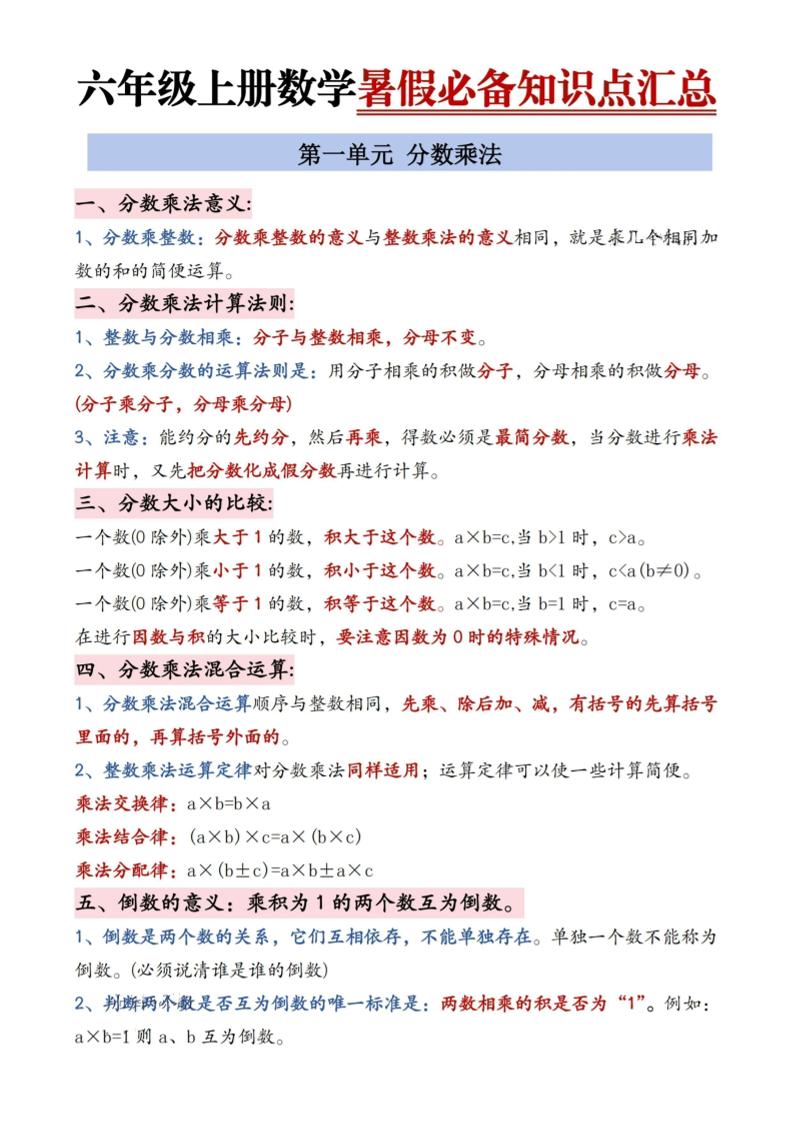 六年级上册数学暑假必备知识点汇总9页-咖脉互联