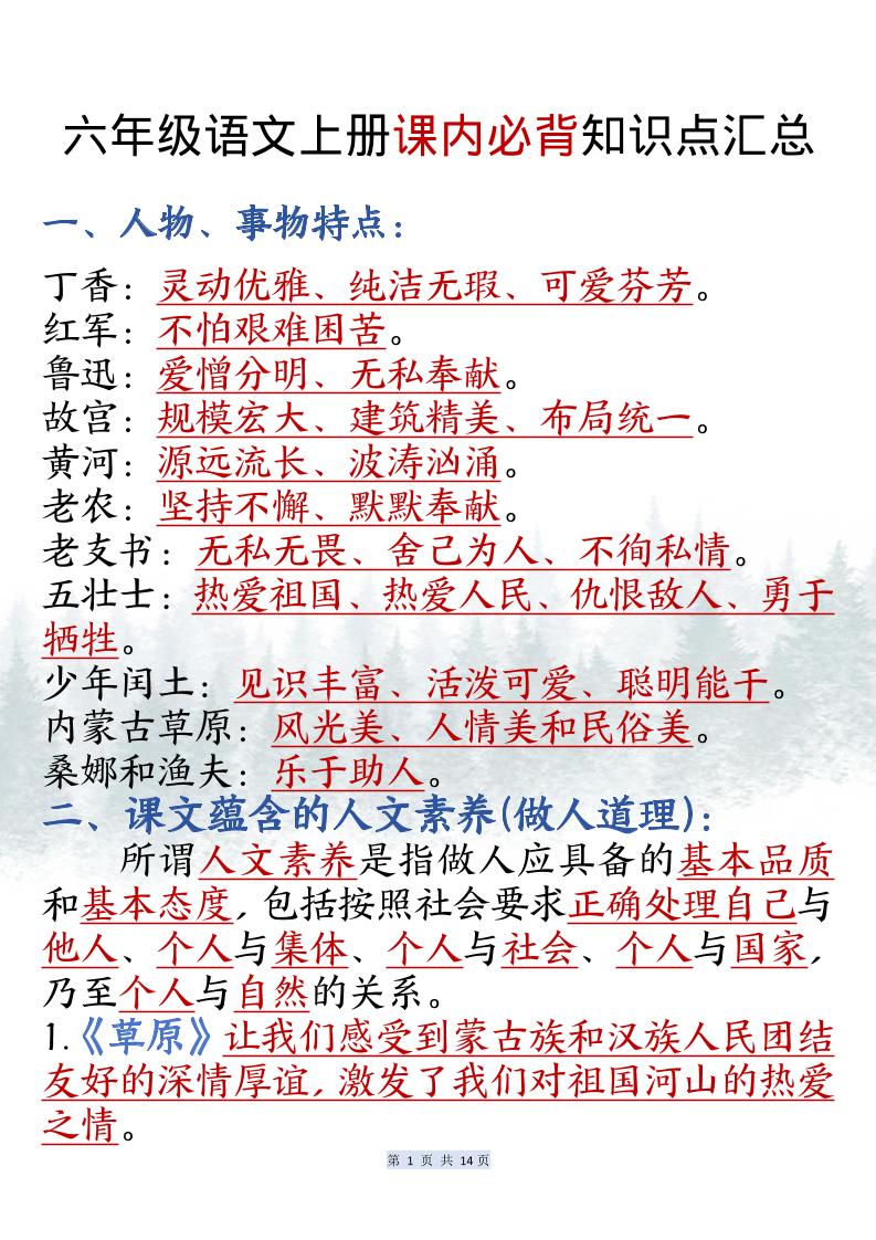 六上语文课内必背知识点汇总（共14页）-咖脉互联