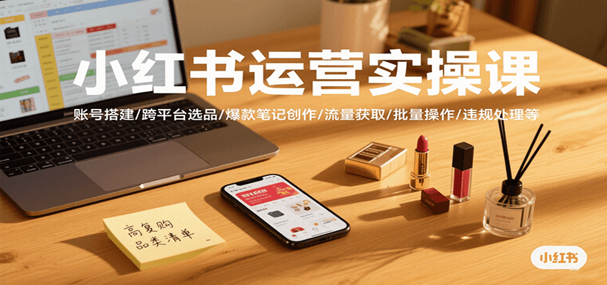 小红书运营实操课，账号搭建/跨平台选品/爆款笔记创作/流量获取/批量操作/违规处理等-咖脉互联