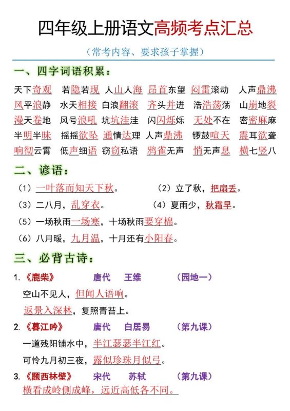 全册高频考点归类(节选)】四上语文-咖脉互联
