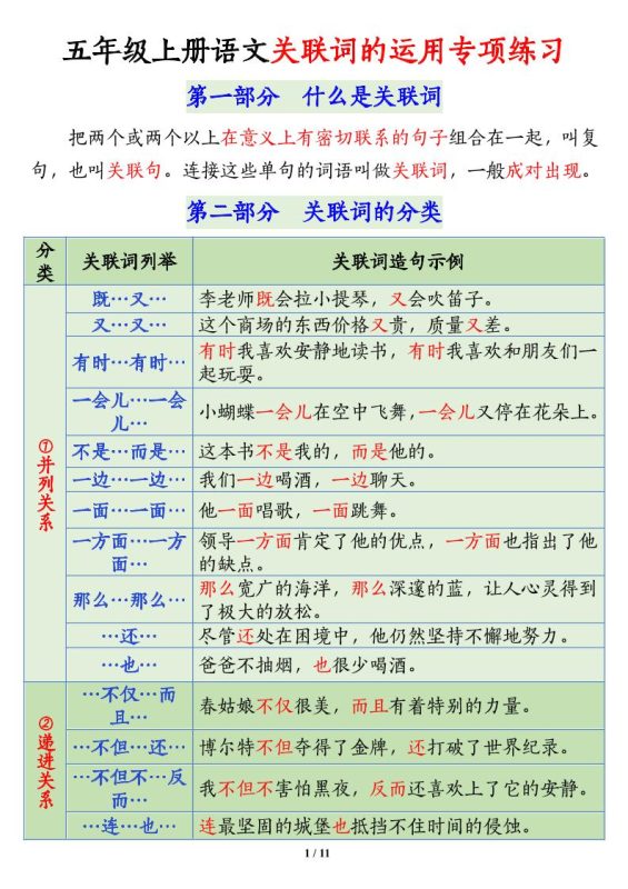 五上语文关联词语的运用专项练习(11页)-咖脉互联