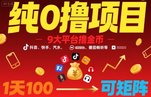 纯0撸项目,9大平台撸金币,抖音,快手,汽水,番茄畅听等,1天100,可矩阵-咖脉互联
