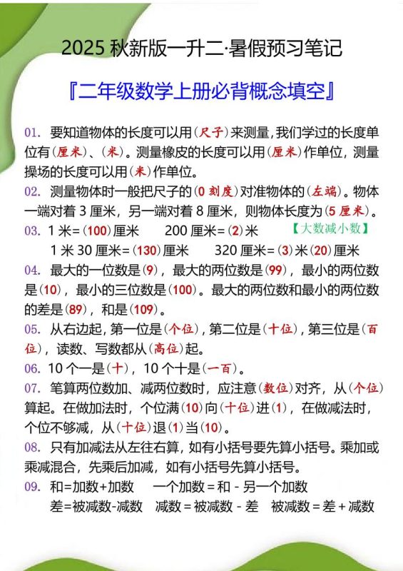 【2025秋新版】二年级数学上册必背概念填空-咖脉互联