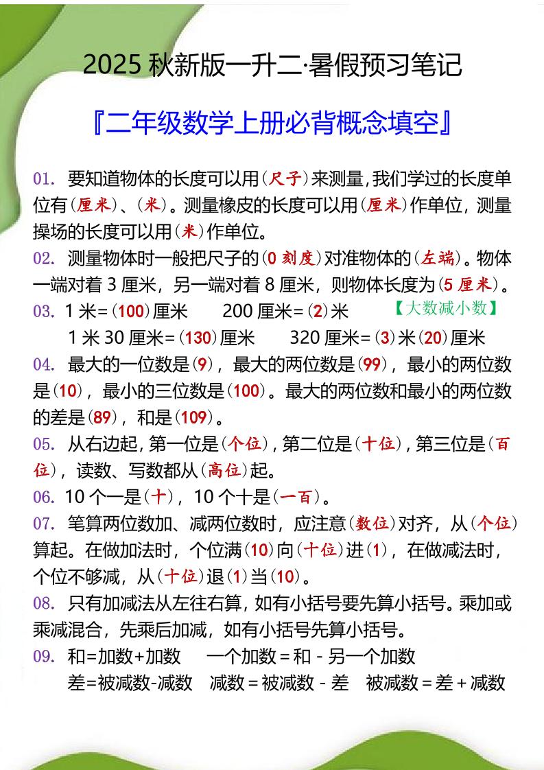 【2025秋新版】二年级数学上册必背概念填空-咖脉互联