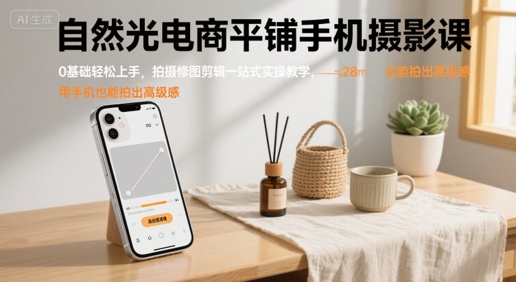 自然光电商平铺手机摄影课,0基础轻松上手,拍摄修图剪辑一站式实操教学,用手机也能拍出高级感-咖脉互联