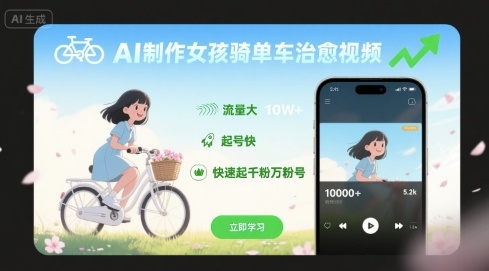 AI制作女孩骑单车治愈视频,流量大,起号快,快速起千粉万粉号-咖脉互联