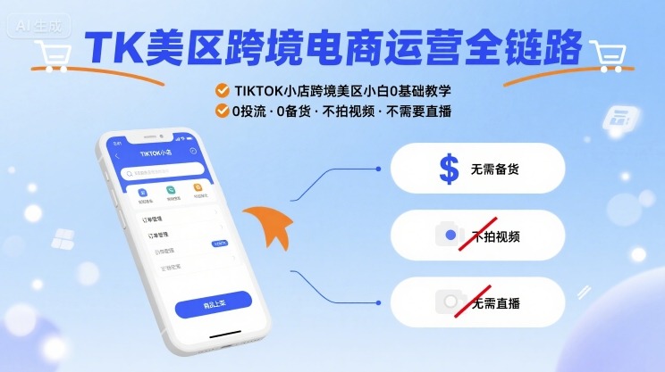 TK美区跨境电商运营全链路,TIKTOK小店跨境美区小白0基础教学,0投流0备货不拍视频不需要直播-咖脉互联
