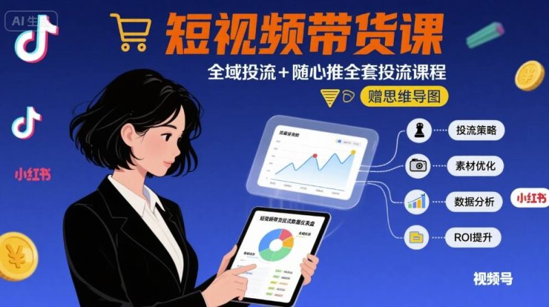 最新短视频带货课,全域投流+随心推全套投流课程+思维导图-咖脉互联