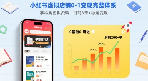 小红书虚拟店铺0-1变现完整体系:卖学科类虚拟资料,一天6张+,很稳定【已完结】-咖脉互联