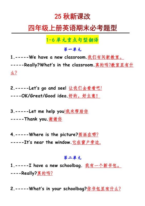 【2025秋新版】四年级上册英语1-6单元重点句型翻译-咖脉互联