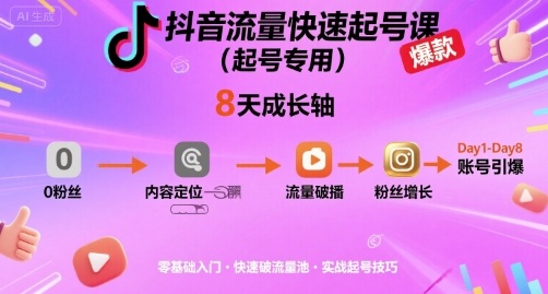 抖音流量快速起号课(起号专用),8天带你做爆自己的账号-咖脉互联