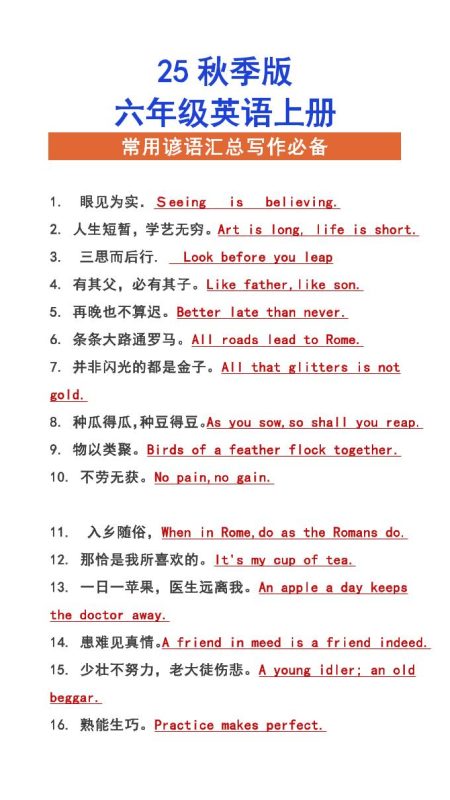 【2025秋新版】六年级上册英语常用谚语汇总写作必备-咖脉互联