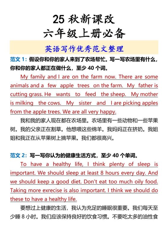 【2025秋新版】六年级上册必备英语写作优秀范文整理-咖脉互联