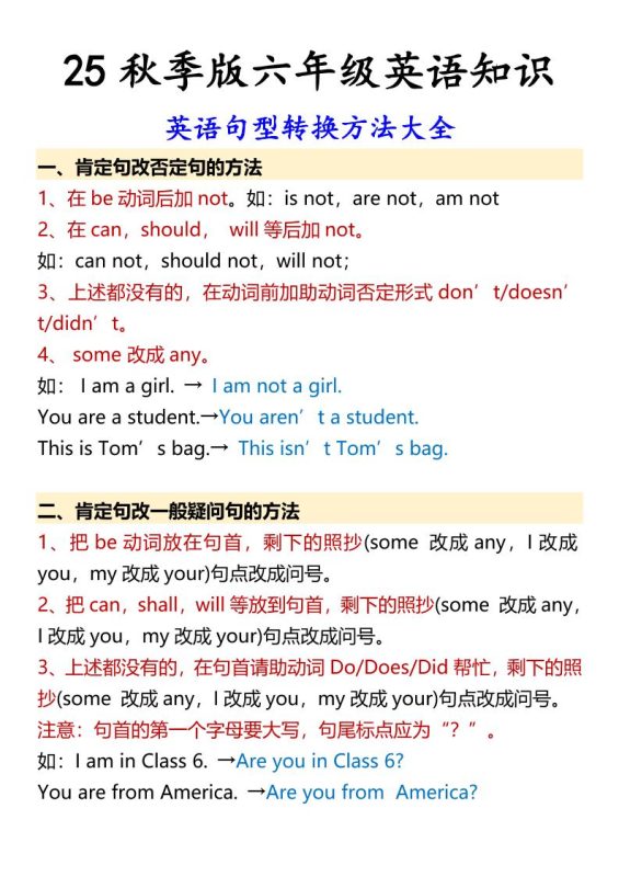 【2025秋新版】六年级上册英语英语句型转换方法大全-咖脉互联