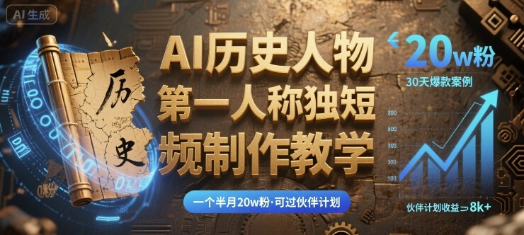 最新AI历史人物第一人称独白短视频制作教学,一个半月20w粉,可过伙伴计划-咖脉互联