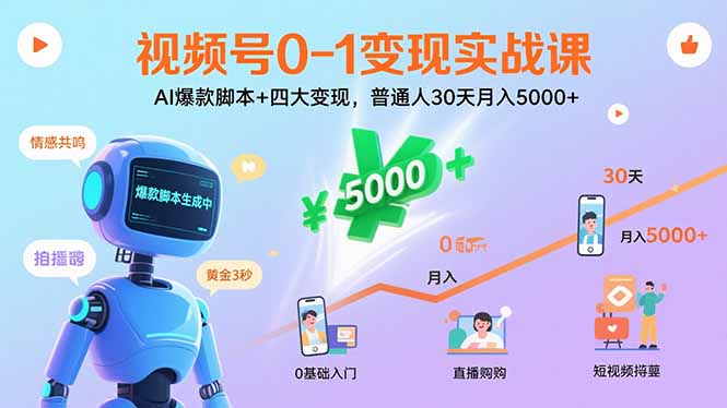 视频号0-1变现实战课:AI爆款脚本+四大变现,普通人30天月入5000+-咖脉互联