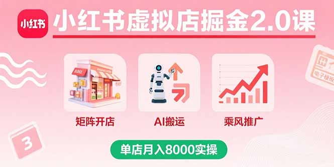 小红书虚拟店掘金2.0课,矩阵开店+AI搬运+乘风推广,单店月入8000实操-咖脉互联