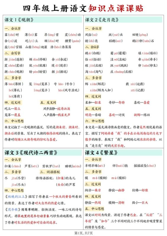 四上语文知识点课课贴7页-咖脉互联