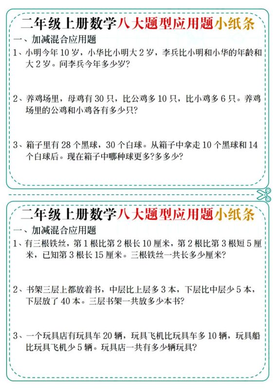 二年级上数学八大题型应用题小纸条-咖脉互联