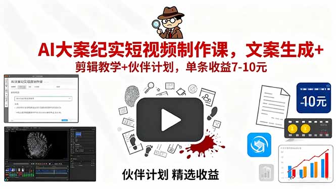 AI大案纪实短视频制作课,文案生成+剪辑教学+伙伴计划,单条收益7-10元-咖脉互联