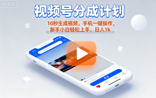 视频号分成计划懒人玩法,10秒生成视频,手机一键操作,新手小白轻松上手,日入1K【揭秘】-咖脉互联
