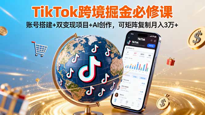 TikTo跨境掘金必修课,账号搭建+双变现项目+AI创作,可矩阵复制月入3万+-咖脉互联