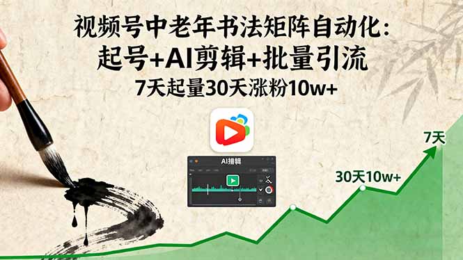 视频号中老年书法矩阵自动化:起号+AI剪辑+批量引流 7天起量30天涨粉10w+-咖脉互联