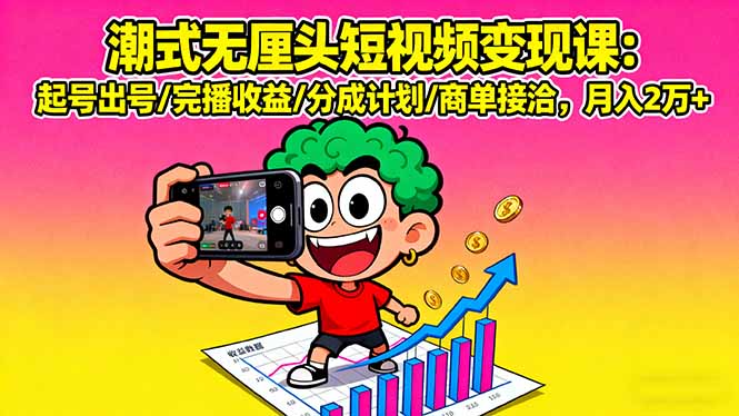 潮式无厘头短视频变现课:起号出号/完播收益/分成计划/商单接洽,月入2万+-咖脉互联