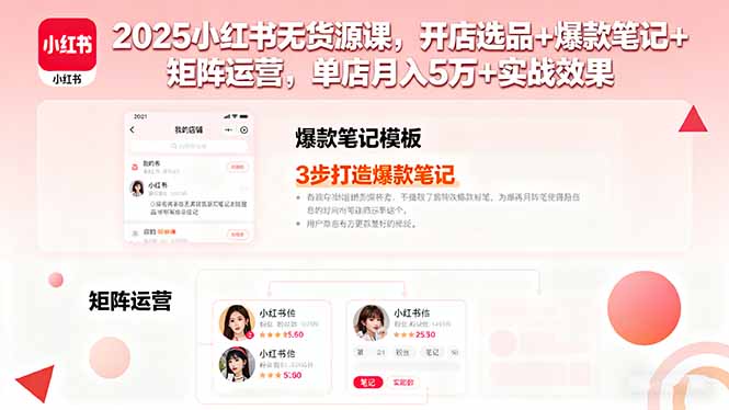 2025小红书无货源课,开店选品+爆款笔记+矩阵运营,单店月入5万+实战效果-咖脉互联