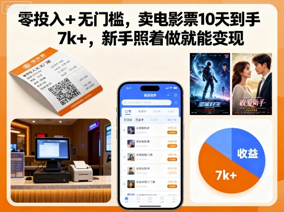 零投入+无门槛,卖电影票10天到手7k+,新手照着做就能变现【揭秘】-咖脉互联
